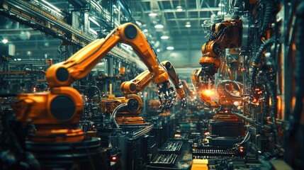 A bustling factory floor featuring massive industrial machines in operation, with robotic arms working in harmony alongside human operators, showcasing modern manufacturing efficiency.