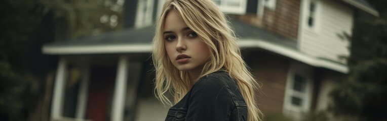 Young woman standing outdoors near a house on a cloudy day
