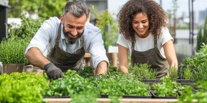 Gardening enthusiasts tending to fresh herbs in an urban roof garden