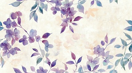   A painting of vibrant purple blooms amidst lush green foliage against a serene white backdrop, featuring a stunning blue and pink blossom on the canvas's