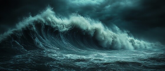 A dramatic image of a tsunami wave approaching the shore, showing the destructive power of water, tsunami wave, water destruction