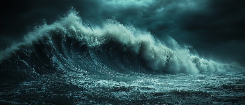 A dramatic image of a tsunami wave approaching the shore, showing the destructive power of water, tsunami wave, water destruction