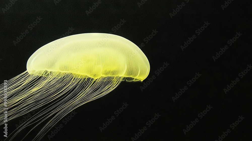 Canvas Prints   A jellyfish in focus against a dark backdrop, reflecting light beneath its translucent head