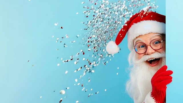 Excited Santa Claus Peeking Around the Corner with Confetti on Blue Background