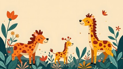 A playful family of cartoon giraffes enjoying nature.