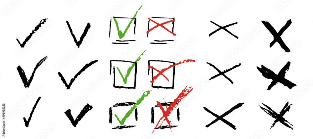 Poster set of ticks and crosses for to do list or vote. vector elements for yes or no answering test questi