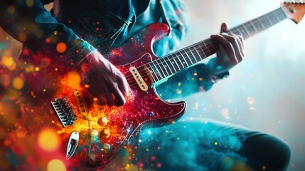 Obraz premium A Musician Playing a Red Electric Guitar with Bright Bokeh Effects