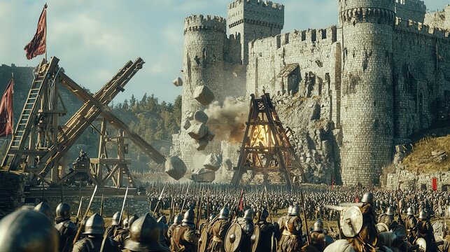 A dramatic medieval battle scene featuring trebuchets launching massive stones at a castle, with armored soldiers on horseback charging forward, evoking the intensity of siege warfare