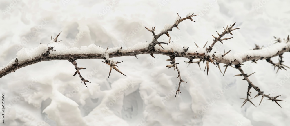 Aufkleber dry bare tree branch with sharp thorns on snow background