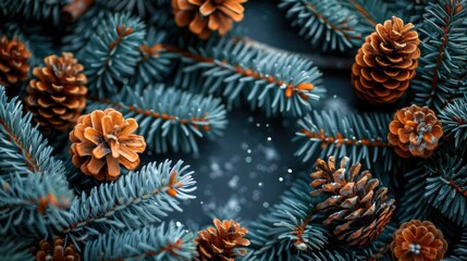 A beautiful, close-up shot of pinecones and pine needles dusted with snow, evoking a sense of winter and the natural beauty of the season