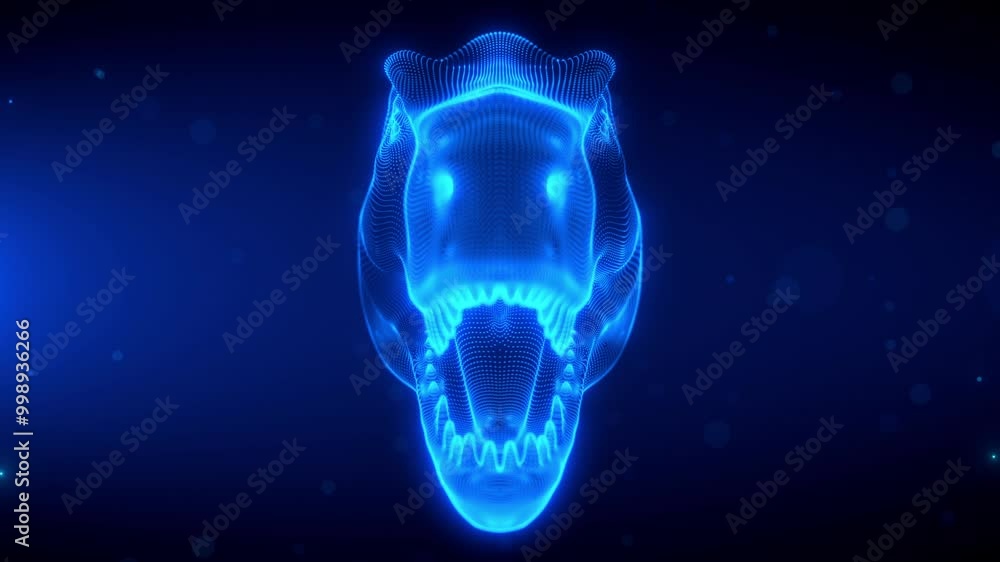 Poster a high-tech 3d animation of t-rex head anatomy being scanned with glowing blue lines and particles r