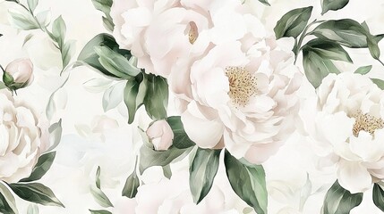 Fototapeta premium A white wallpaper featuring white flowers and green foliage on a white background, with white flowers and green leaves overlaid on top