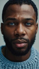 Obraz premium Title Close-Up Portrait of a Man with Striking Blue Eyes and Neutral Expression