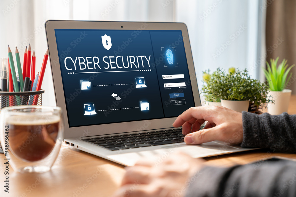 Poster cyber security system on computer screen protect private information snugly from hacker and cyber at