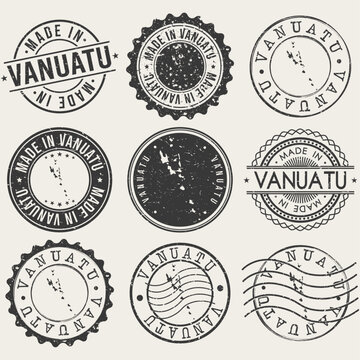 Vanuatu Set of Stamps. Travel Stamp. Made In Product. Design Seals Old Style Insignia.