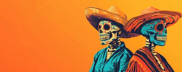 Fototapeta premium Artistic illustration of a skeleton couple in vibrant Day of the Dead clothing, walking hand in hand through a festive celebration