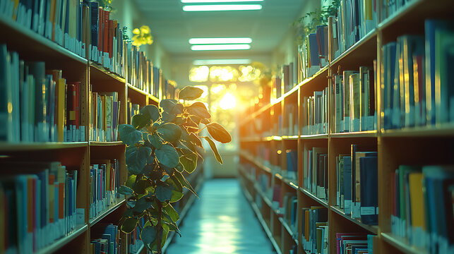 A serene library corridor bathed in sunset light, lined with bookshelves and a touch of greenery, creating a tranquil reading atmosphere.