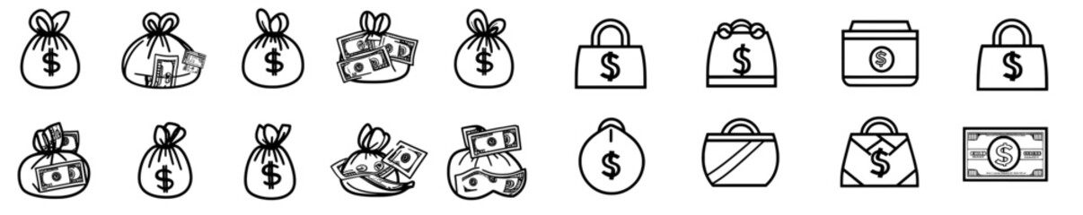 Stylish money bag icon set suitable for website design, logos, apps, templates, and user interfaces.