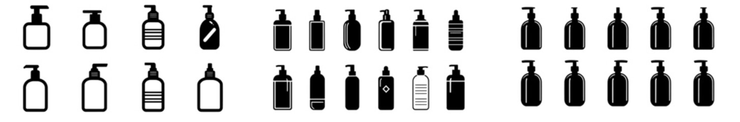 Set of liquid soap, body gel, and hand sanitizer icons. Suitable for website, logo, app, template, and UI design.