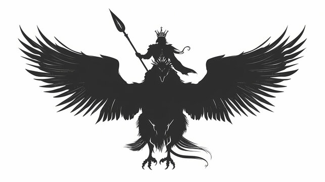 recommend clip art: Black silhouette of a majestic huge eagle with large wings and a rider on his back who has a crown on his head and a spear in his hand. 2d illustration. Griffin Rider. Illustration