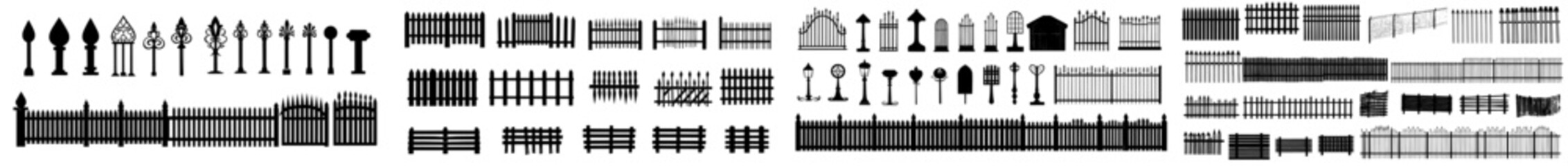 Iron and wooden fences and gates shapes icons. Security for buildings elements. Isolated barnyard or farm barriers decent modern set.