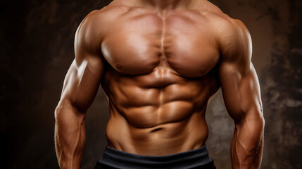 Fototapeta premium Muscular male torso in focus, highlighting defined abs, chest, and arms, with dramatic lighting showcasing strength and fitness.