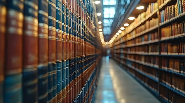 A dimly lit library aisle, lined with countless books, showcasing rich, colorful spines and a sense of scholarly depth.
