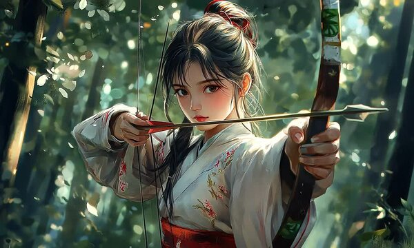 Focused Archer Drawing Bow in Forest Setting with ai generated.
