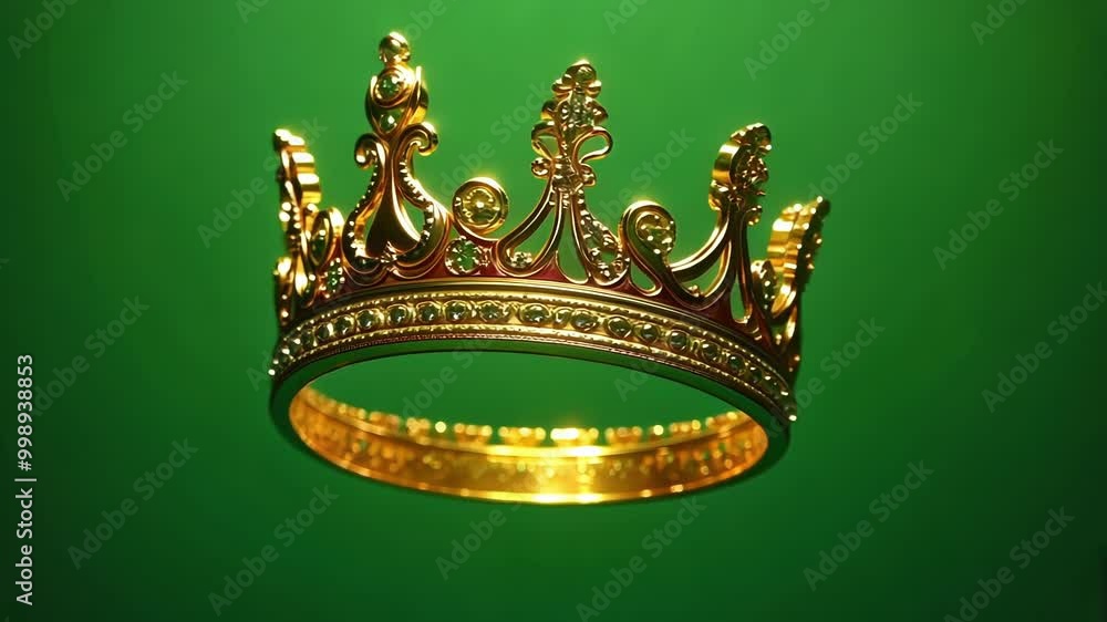 Poster Golden crown with intricate details is floating on a vibrant green screen background, making it easy to isolate and use in various projects