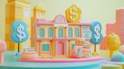 A cartoon city with a bank building surrounded by dollar bills.