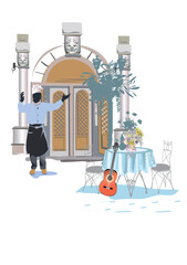 Series of the street cafes with fashion people, men and women, in the old city. Street musicians in the city. Jazz band. Hand drawn vector illustration with retro buildings.