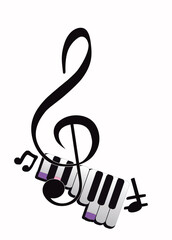 Abstract musical design with a piano and a treble  clef, musical waves. Vector illustration.Hand drawn vector illustration.