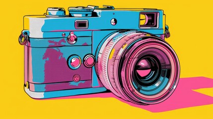 A vibrant, colorful illustration of a vintage camera. The camera is rendered in a pop art style with bold colors and exaggerated features.