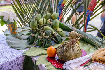 Chicken juane wrapped in bijao leaves. Peruvian jungle food, in all its varieties. Feast of San...