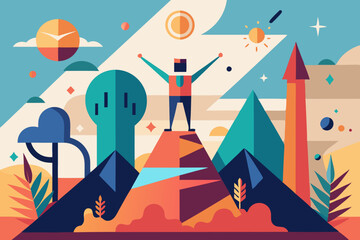 Abstract minimalist celebration of adventure and triumph in vibrant geometric landscape