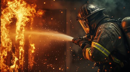 AI Generate Portrait of a firefighter in equipment. Firefighters use water from a hose to extinguish a fire in a house.