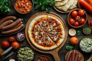 Traditional Turkish cuisine. Turkish pizza, sausage, pita, pidesi, sucuk, hummus, kebab, bulgar....