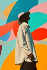  Collage of a Man in a White Shirt Against Colorful Abstract Shapes

