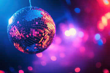 Fototapeta premium Sparkling disco ball reflecting colorful lights during a lively dance party at night, creating a vibrant atmosphere