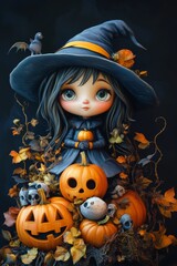Adorable Halloween Witch Figures with Pumpkins and Skulls - Festive Fantasy Collection