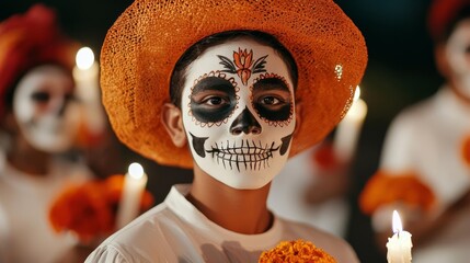 Marigoldfilled procession, with participants carrying candles and photos of their ancestors, honoring heritage during Day of the Dead
