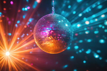 Obraz premium Sparkling disco ball reflecting colorful lights during a lively dance party at night, creating a vibrant atmosphere