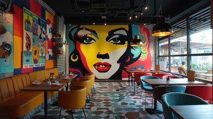 A vibrant restaurant interior with colorful murals, eclectic furniture, and a lively atmosphere.