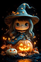 Adorable Halloween Witch Figures with Pumpkins and Skulls - Festive Fantasy Collection