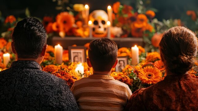 Mexican family gathering around an altar ofrenda with photos, candles, and offerings during Day of the Dead celebrations