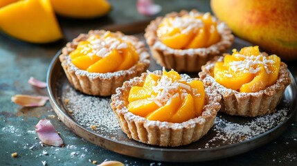Mango and coconut tartlets, with a textured metallic background for contrast