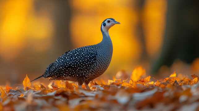 Speckled francolin bird on autumn leaves, golden sunset background