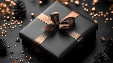 Black gift box with gold ribbon on black background with golden glitter.