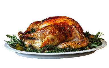 A beautifully roasted Thanksgiving turkey served on a white platter surrounded by aromatic herbs isolated on a white background