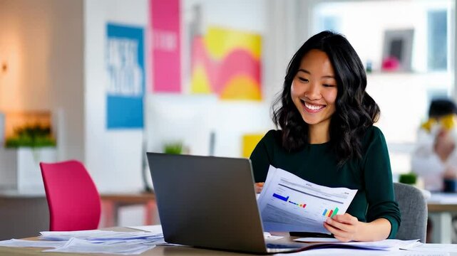 Happy creative business woman taking notes while working on laptop and documents in the office.